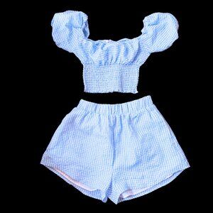 Blue Gingham Puff Sleeve Crop Top & Shorts Set – XS/S